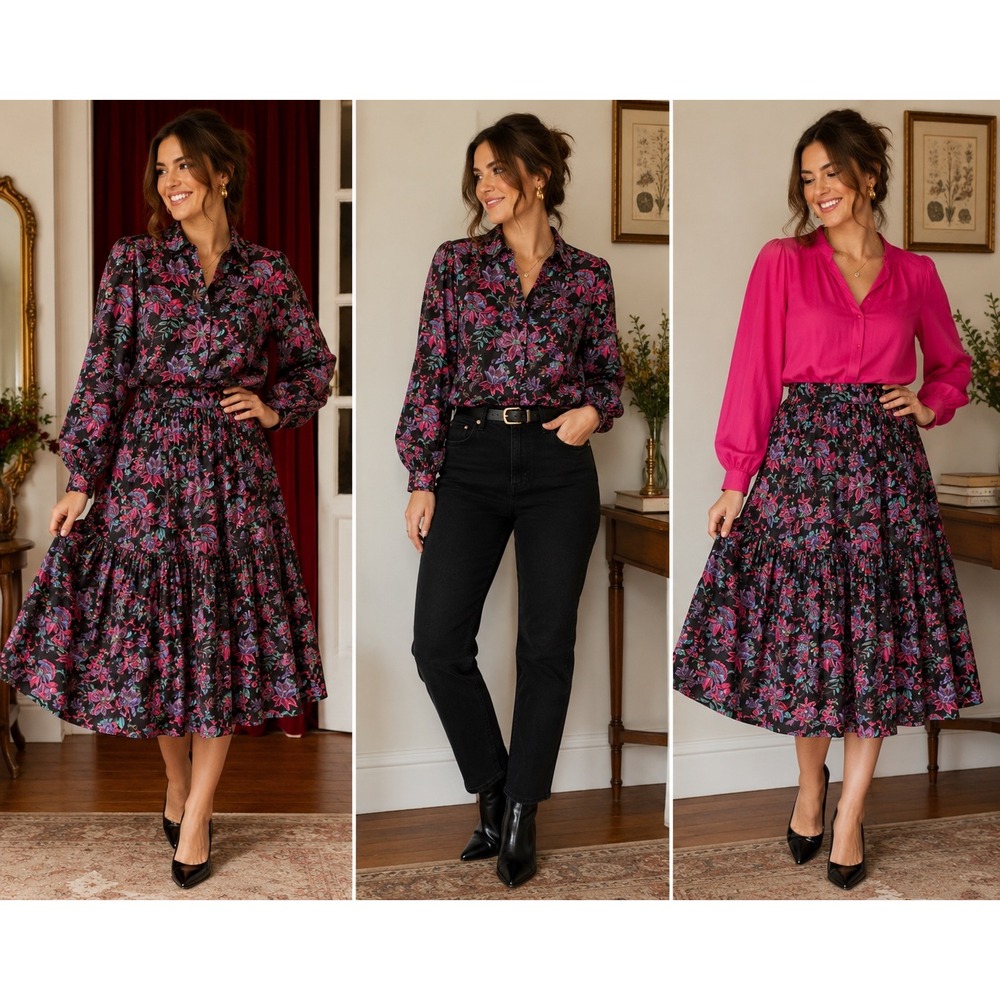 Conversation Pieces Skirt Set Womens L Floral Black Cotton Good Tiered  2pc - Picture 10 of 13